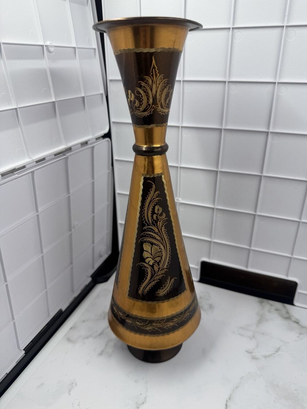Vintage Etched Brass & Black Enamel Trumpet Vase 1970s Boho Fluted India Style